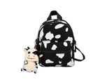Mini Canvas Daypack with Plush Pendant Cow Print Backpack for Women Lady Girls-Color-BK