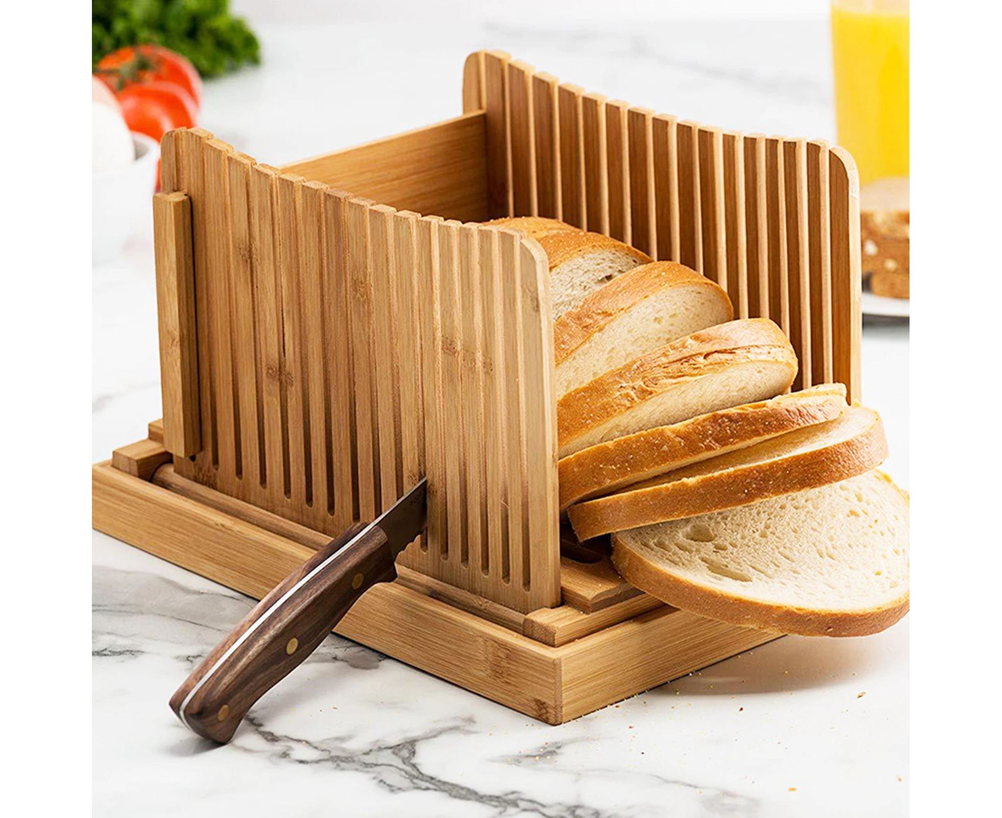 Bread Slicer with Crumb Tray Compact Foldable Adjustable Thickness Manual Evenly Slicing Bamboo Plug in Design Bread Slicing Guide-Wooden Color