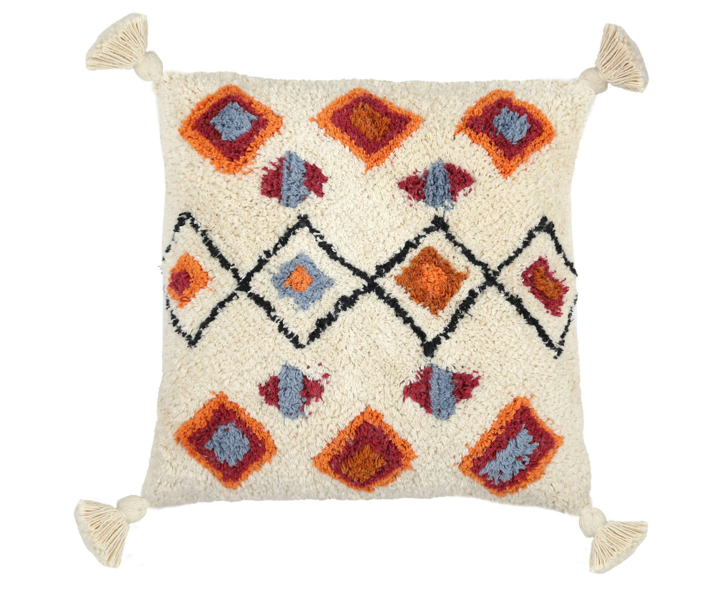 Yarra Textiles Woven Tufted Boho Throw Pillow Cover, Decorative Geometric Diamond Chevron pattern, Square Cushion with corner Tassels,Two Sizes, Ivory