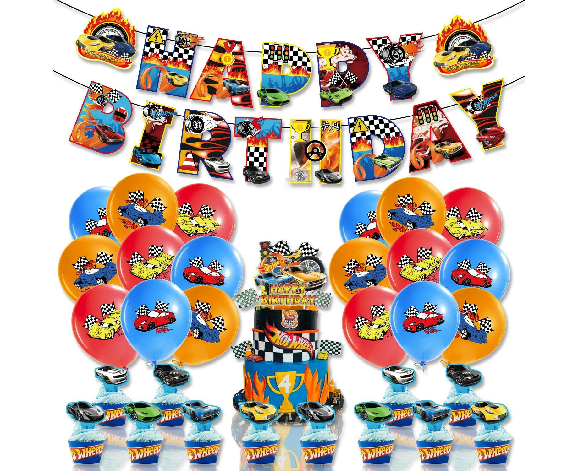 Hot Wheels Theme Party Supplies | Racing Car Party Set | Birthday Banner | Cake Cupcake Topper | Latex Balloon for Kids Birthday Party Decor