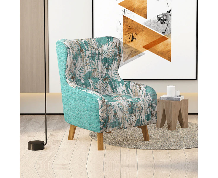 Armchair High back Lounge Accent Chair Designer Printed Fabric Upholstery with Wooden Leg