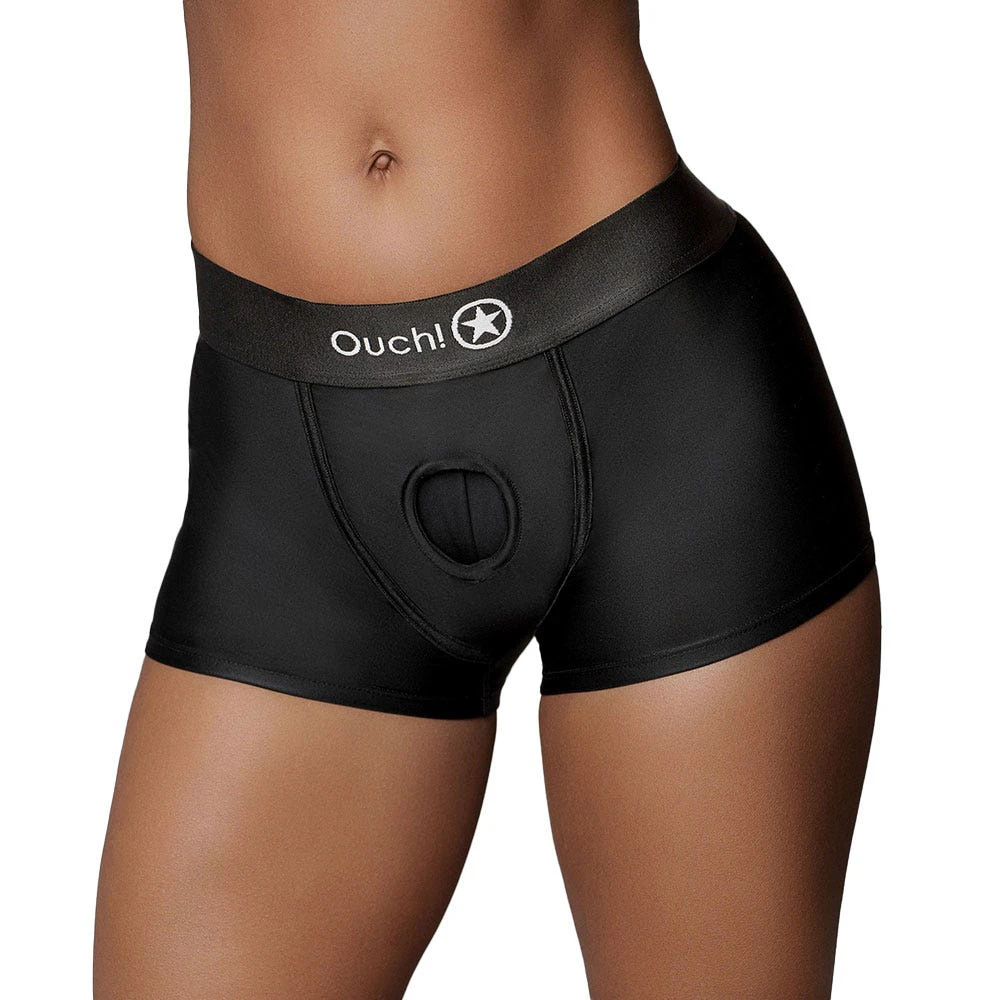 Ouch! Vibrating Strap-On Boxer Harness with Rechargeable Bullet - Black - M/L