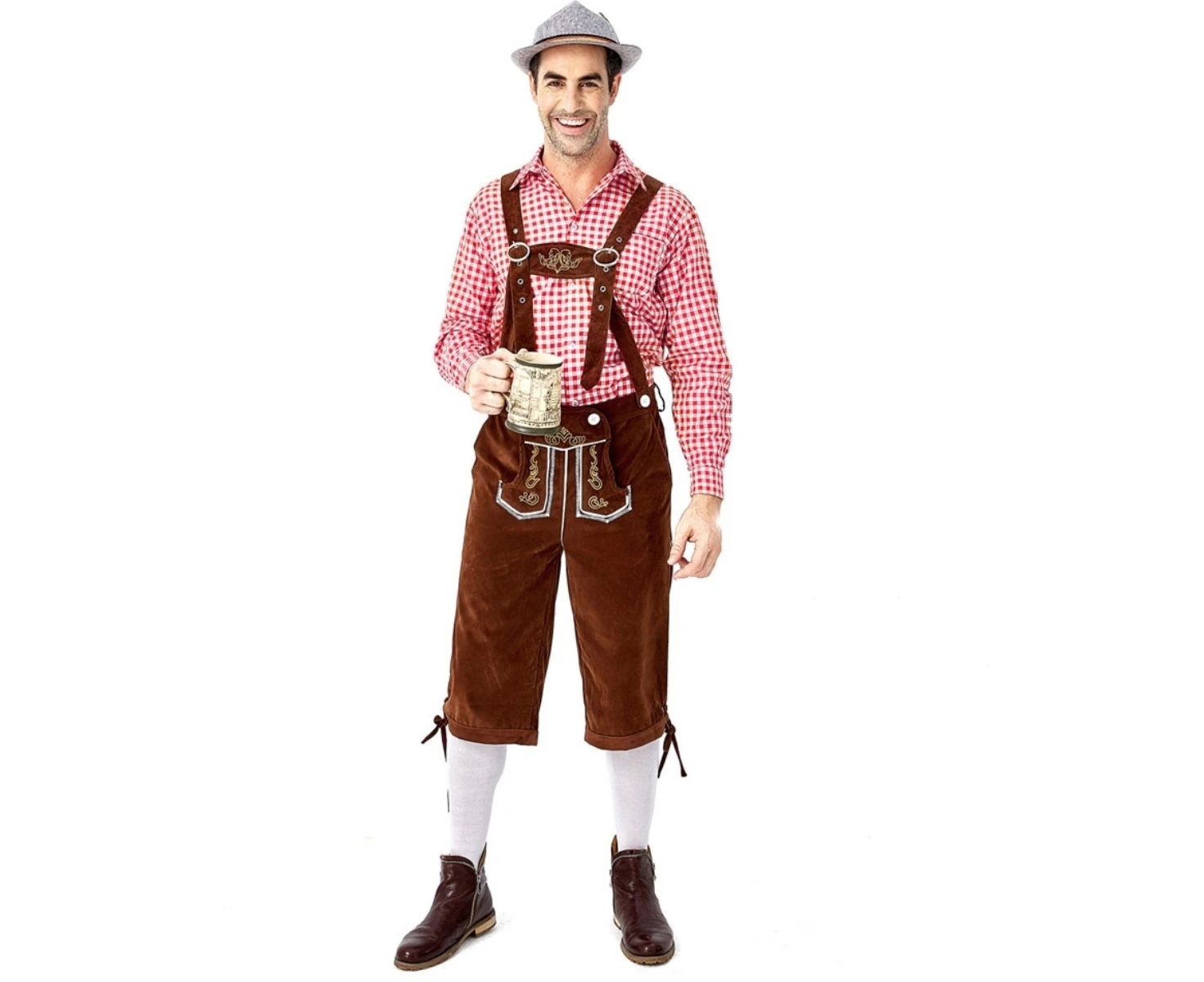 Costume Bay Mens Oktoberfest Costume Pink Shirt with Brown Lederhosen & Hat German Bavarian Beer Man Fancy Dress Outfit