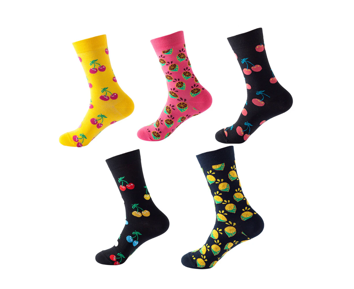 Kings Collection Unisex 5 Pairs of Fruit Theme Pattern Cozy Socks, Fun Dress Socks Colorful Funny Novelty Casual Crew Socks - Red, Black, Yellow