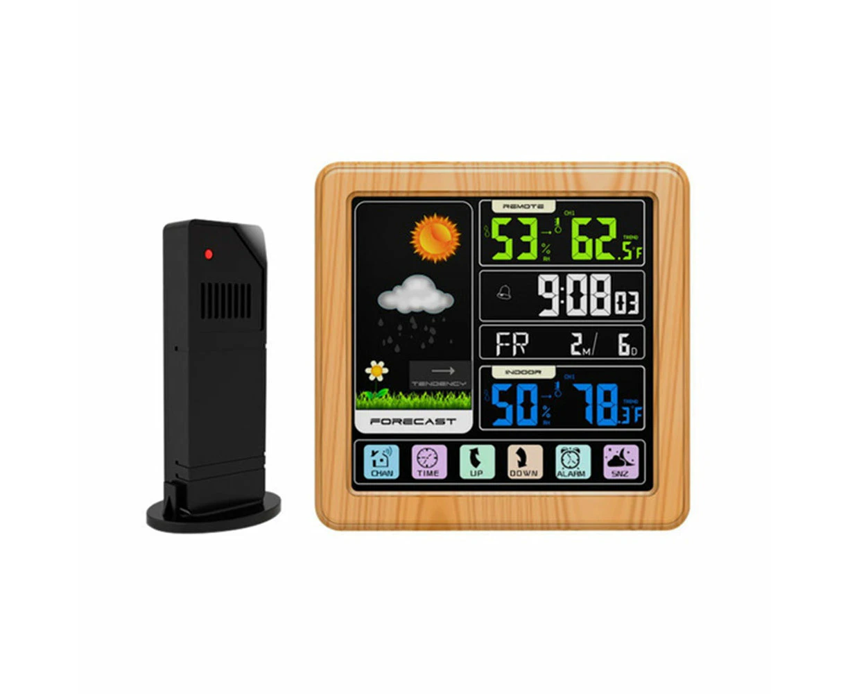 Digital Wireless Coloured Weather Clock with Creative Thermometer Forecast Station- USB Interface - Wood Grain