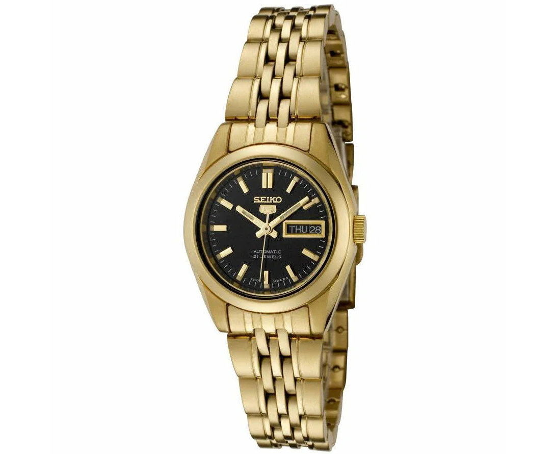 Seiko 5 Gold Tone/Black Dial Women's Automatic Analog Dress Watch SYMA40K1