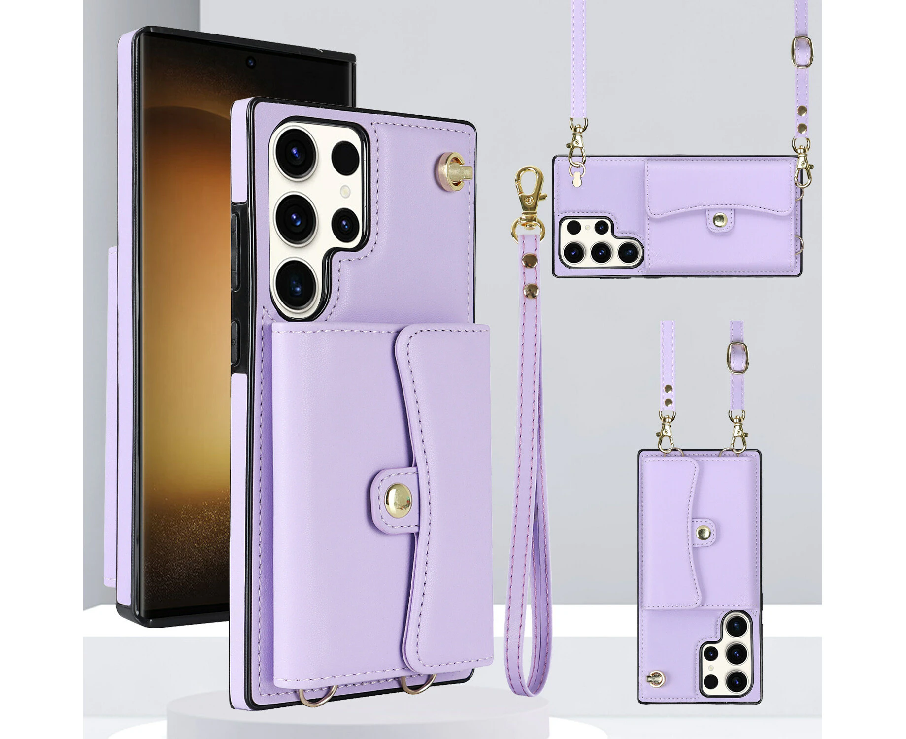 Samsung Galaxy S22 Ultra  Leather Magnetic Detachable Wrist Strap Card Holder Wallet Case -Purple