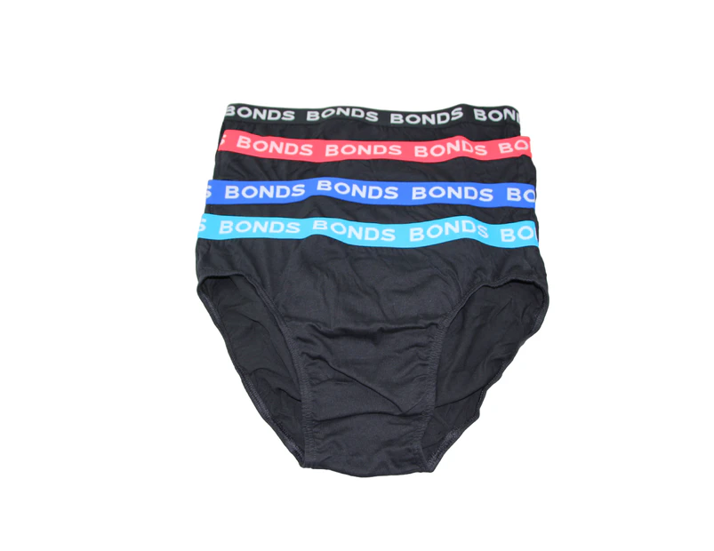 4 Pairs X Bonds Mens Hipster Briefs Black With Multicoloured Band As1 Cotton - Black with Multicoloured Band