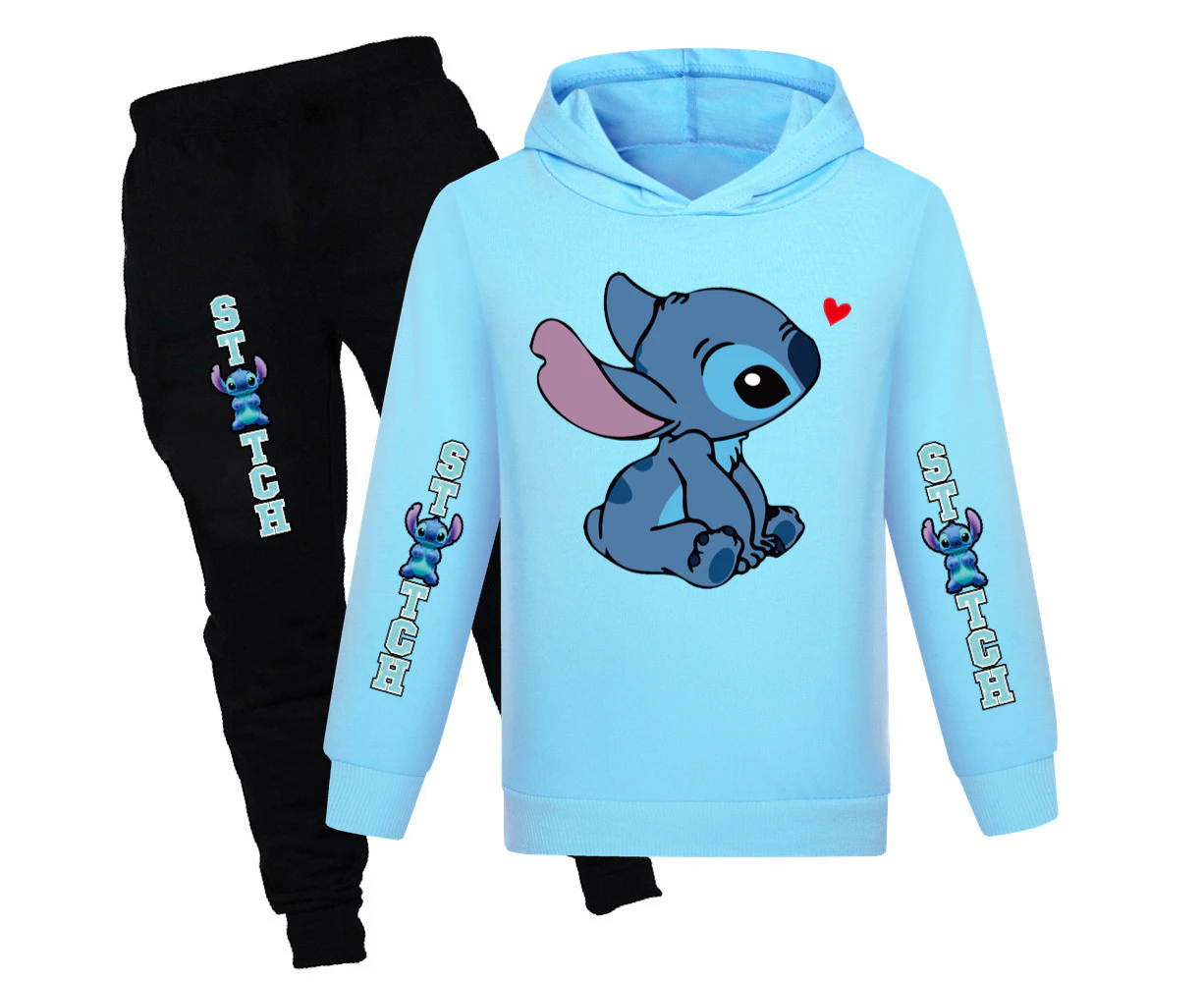 Girls Children Lilo and Stitch Printed Sports Casual Hoodies Sweatshirt Jogging Trousers Jogger Pants Tracksuit Set Outfits - Light Blue