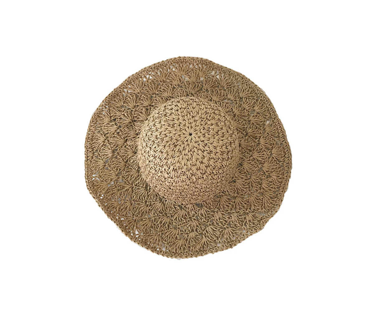 Fufu Women Foldable Handmade Straw Weave Wide Brim Sunscreen Hat Cap Beach Sunhat-Khaki