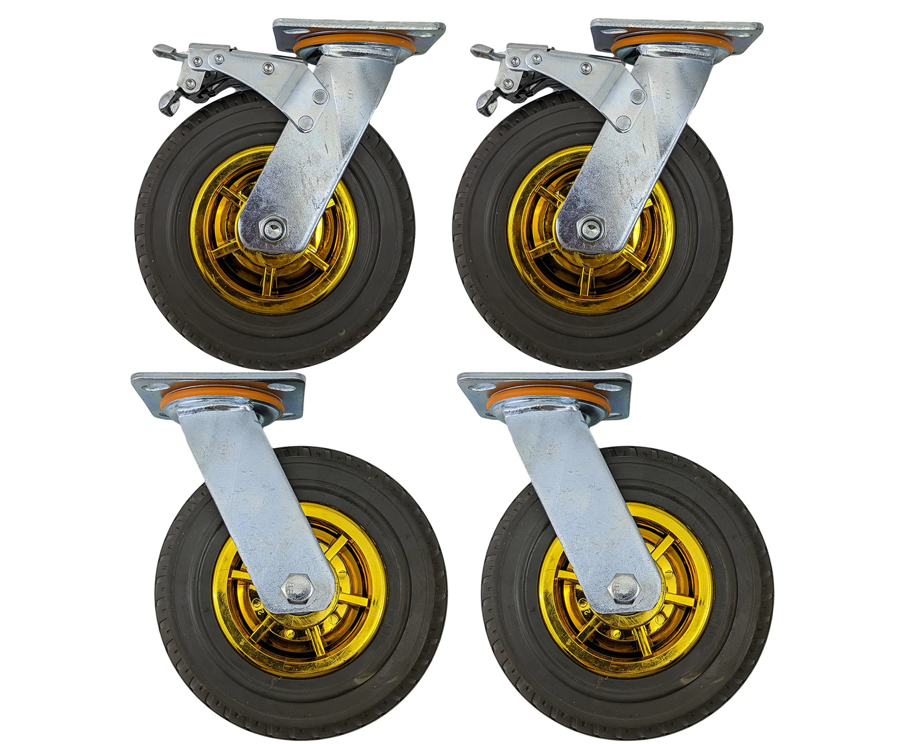 riin 4pcs Set 8inch Rubber Caster Wheel Industrial Castor Solid Treaded Tyre 2 Swivel&Lock + 2 Swivel-Only for Flat / Rough Terrain 400KG ea Height: 240MM