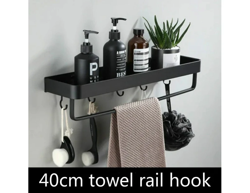 Bathroom Shelf Wall Shelves  Black Bathroom Tissue Rack Corner Shelf Wall Mounted Black Aluminum Alloy Kitchen Storage Holder—40cm towel rail hook