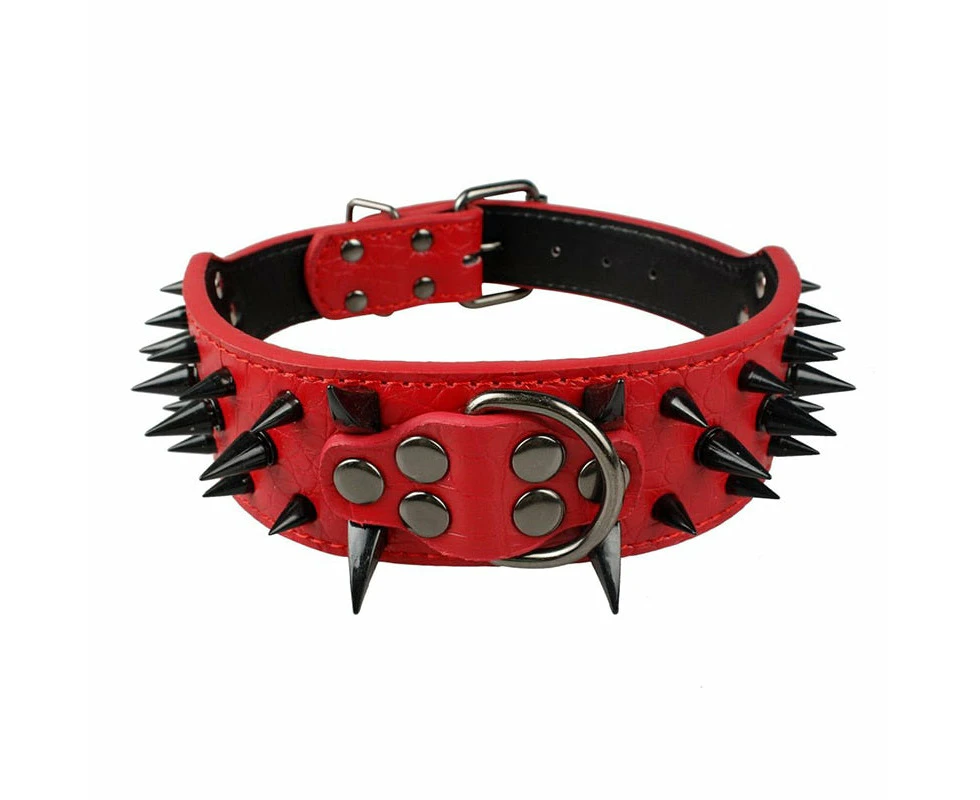 Leather Thick Spiked Dog Collar - Red