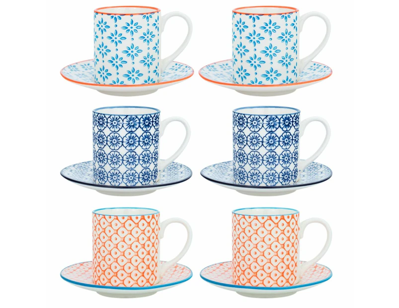 Espresso Cups Saucers Patterned Coffee Set of 6 65ml