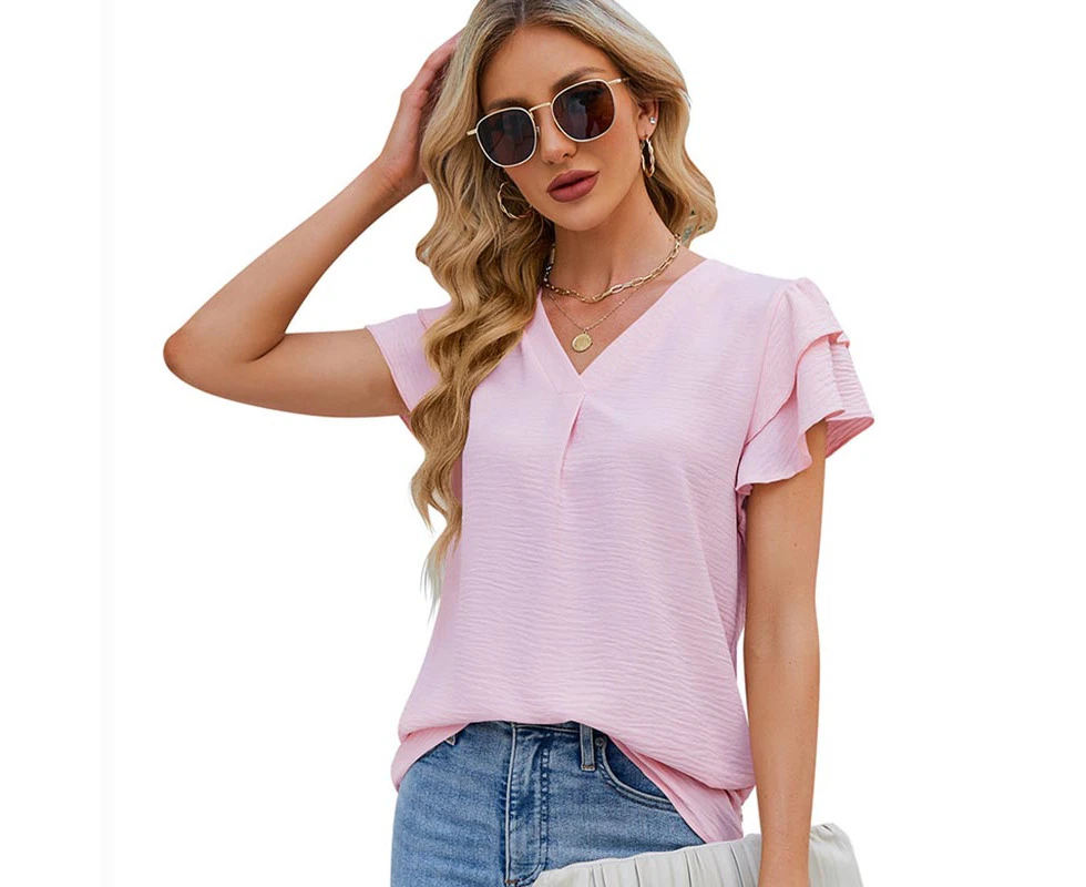 Lookbook Womens Ruffle Short Sleeve Chiffon Blouses V Neck Solid Color Casual Top-Light Pink