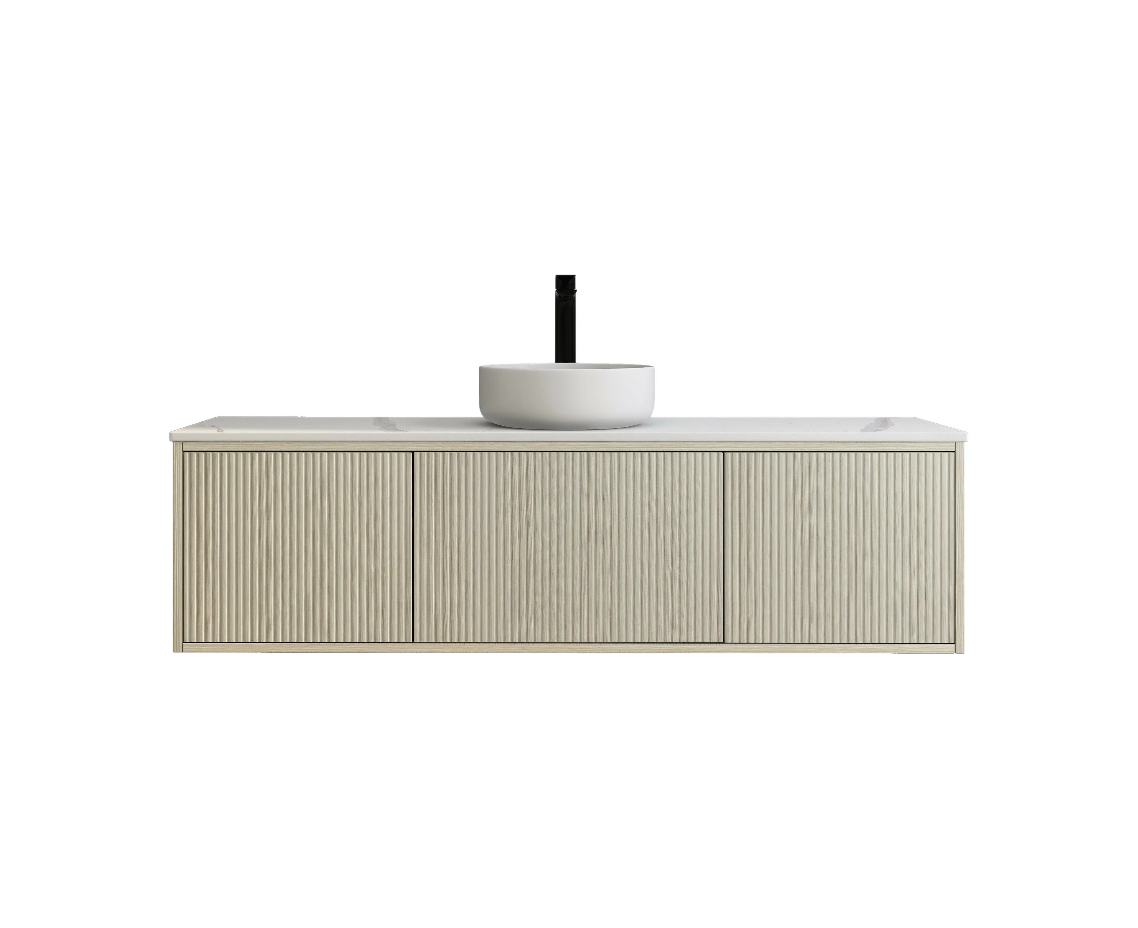 1500mm Coastal Oak Wall Hung Bathroom Vanity 2 Drawers Grooved MDF Cabinet with White Marble Stone Top and Basin