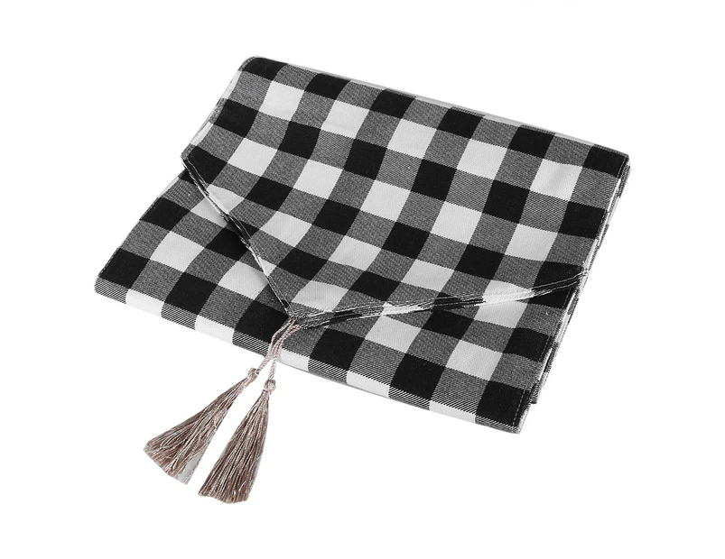 Black & White Grid Cotton Linen Tablecloth Table Cover Clean Mat Pad  With Tassel (12'' X 55'')