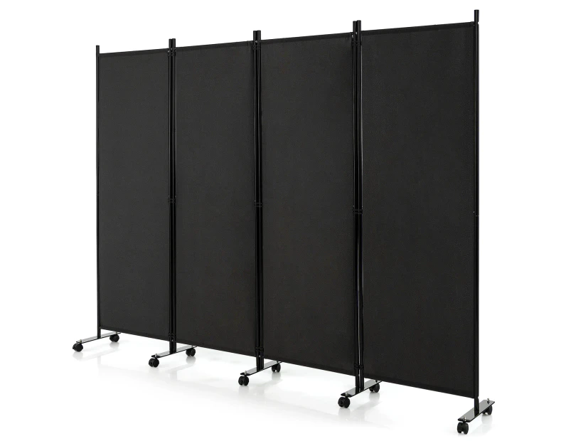 4-Panel Folding Room Divider Rolling Privacy Screen Lockable Wheels Black