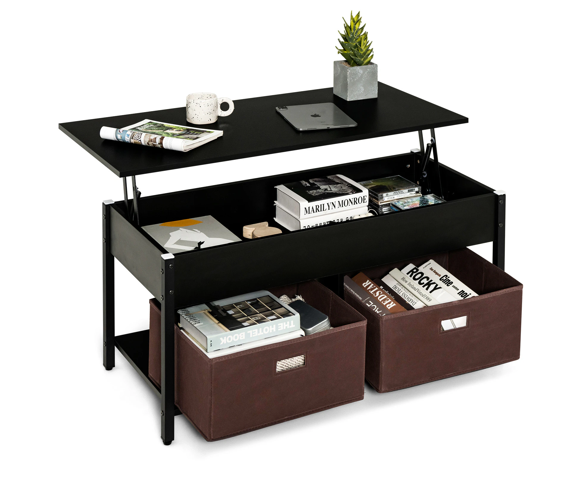 Coffee Table Lift Up Top Mechanical Table Drawers Black