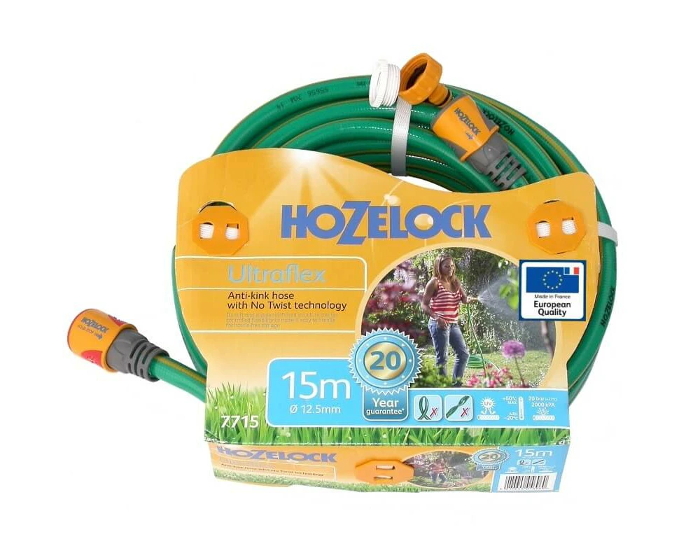 Hozelock Ultraflex Knitted GREEN Garden Hose (12mm) 12.5mm x 15m, Fitted - 7715