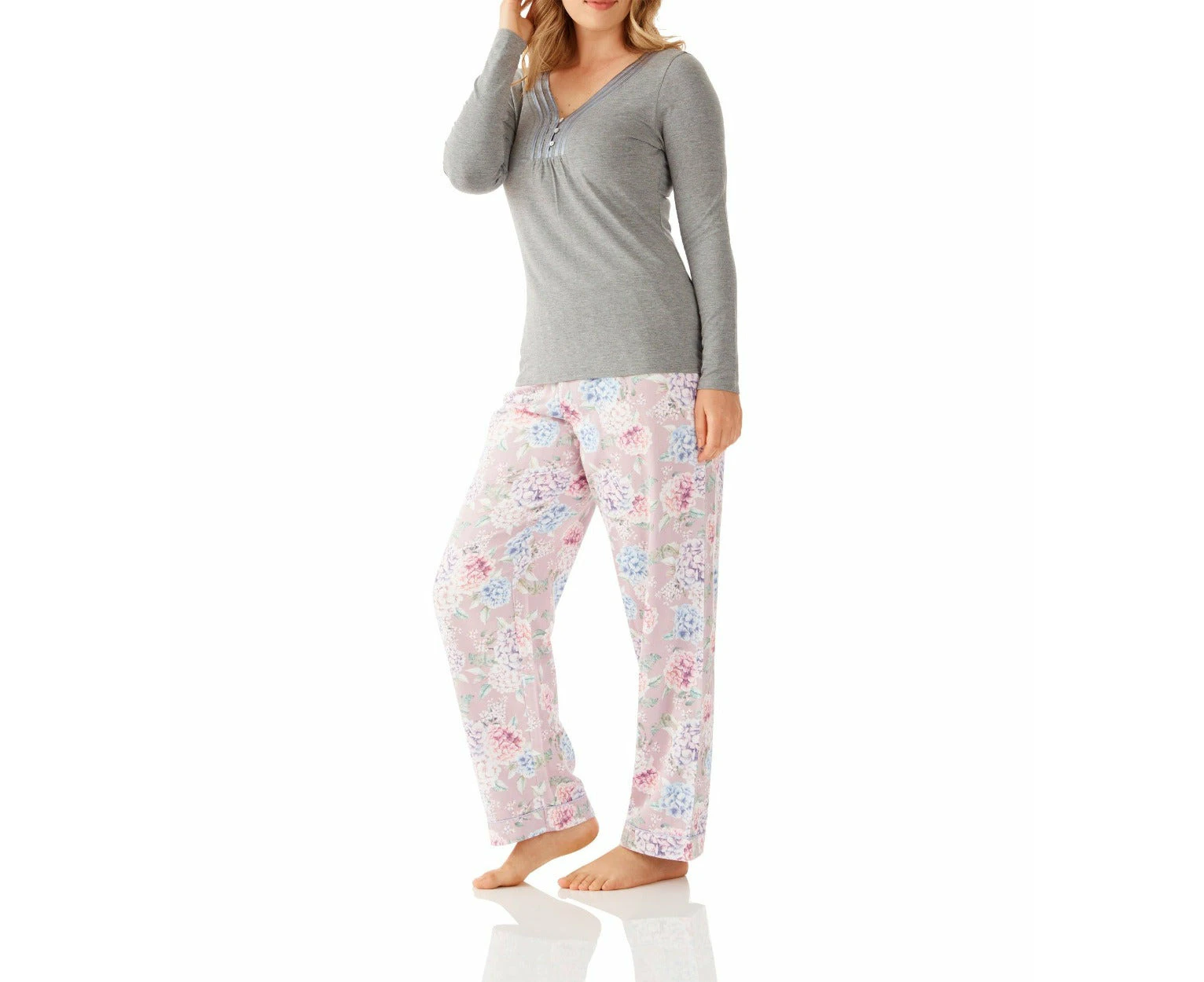 Magnolia Lounge Charcoal Henley Tee and Ariana Floral Viscose Cotton Pant Pyjama Set