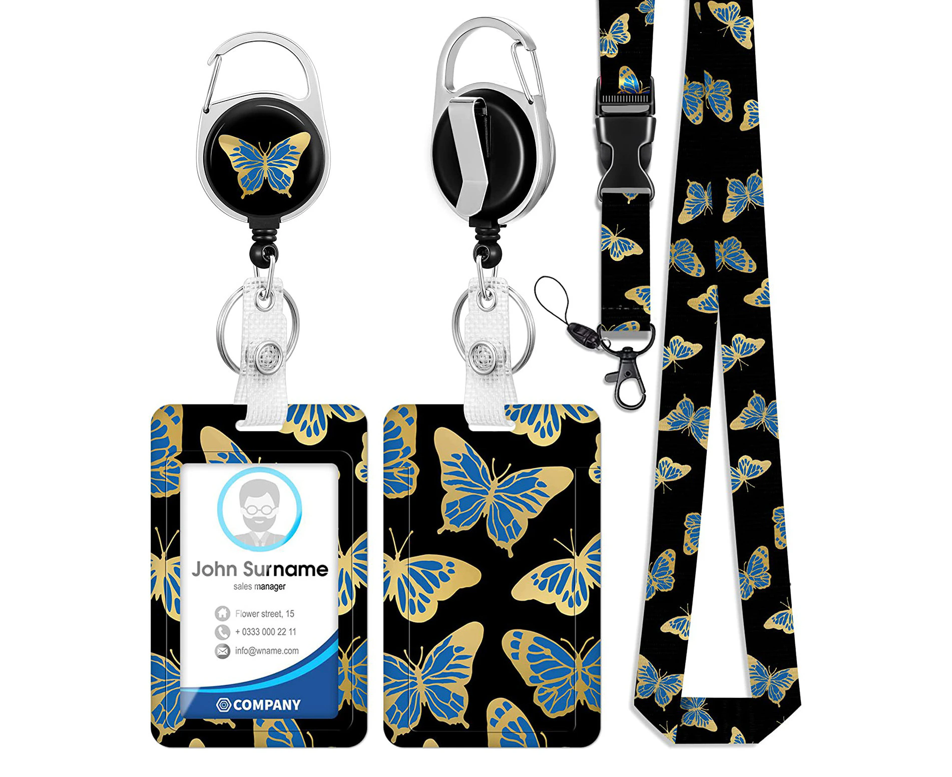 Retractable Lanyard Card Holder (Black Butterfly), Retractable Lanyard ID and Badge Holders for Desks, Keys, Cell Phones, Bus Passes, etc.