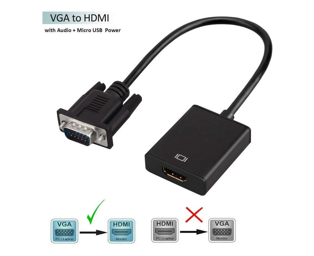 VGA to HDMI Adapter Cable, VGA Male to HDMI Female Cable Converter Adapter with 1080P HD Video and USB Audio