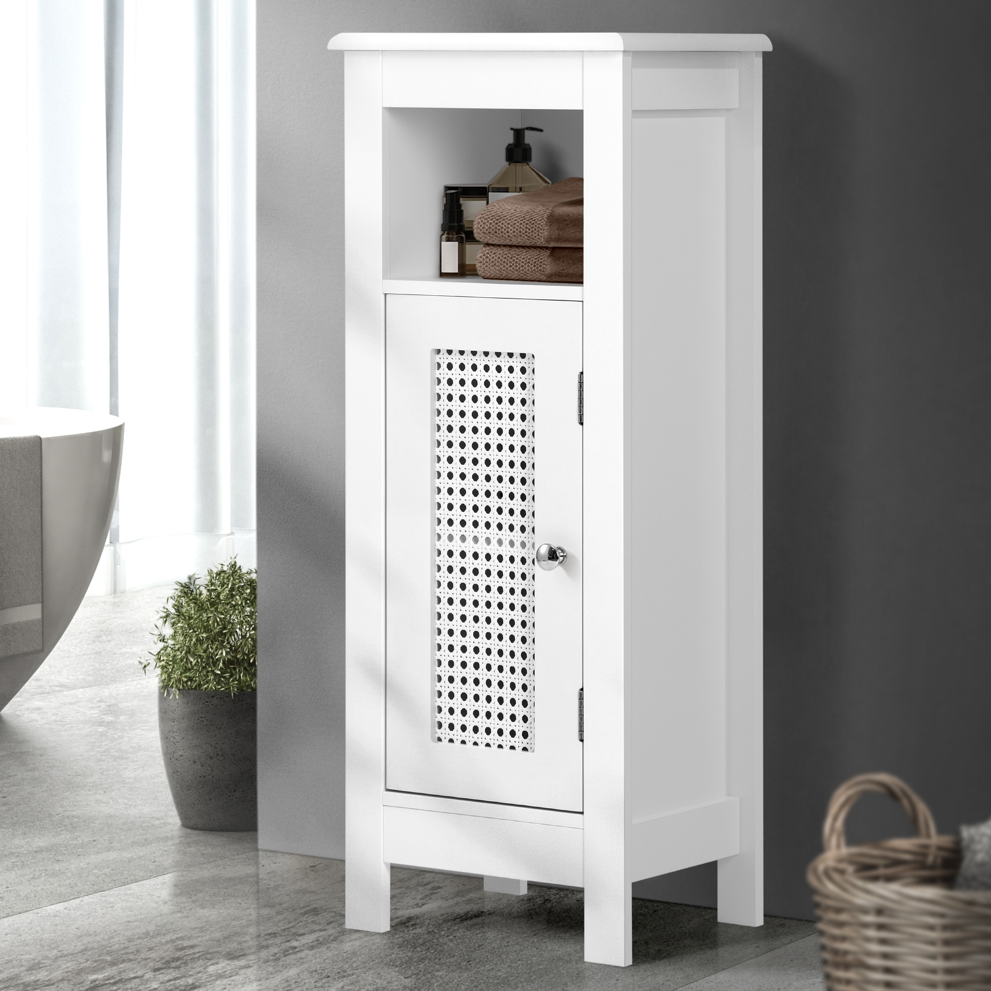 Oikiture Bathroom Cabinet Floor Cupboard Slim Laundry Storage Rattan Door White | Catch.com.au