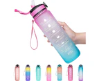 1L sports water bottle, leak proof drinking water bottle, pink and blue, with time mark and straw, suitable for fitness and outdoor enthusiasts