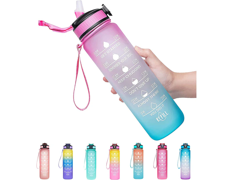 1L sports water bottle, leak proof drinking water bottle, pink and blue, with time mark and straw, suitable for fitness and outdoor enthusiasts