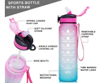 1L sports water bottle, leak proof drinking water bottle, pink and blue, with time mark and straw, suitable for fitness and outdoor enthusiasts