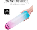 1L sports water bottle, leak proof drinking water bottle, pink and blue, with time mark and straw, suitable for fitness and outdoor enthusiasts