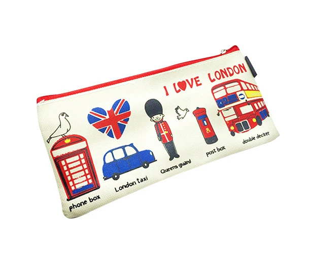 Students Pencil Bag Pen Case Cartoon London Style Zipper Cosmetic Pouch Coin Purse - White