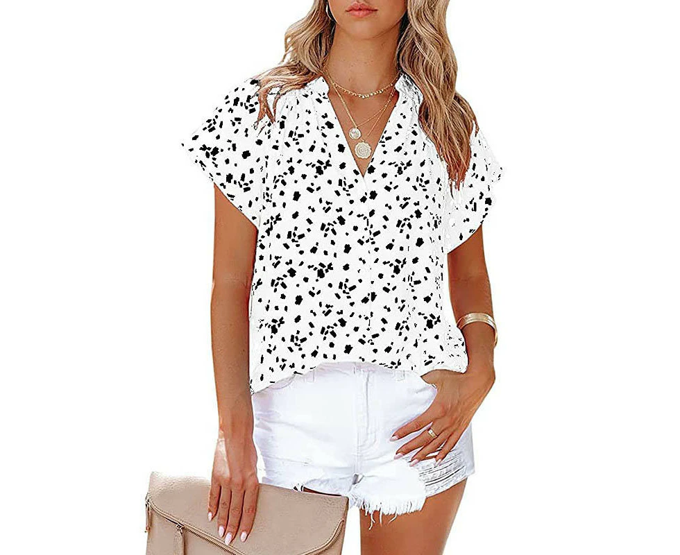 Lookbook Womens V Neck Printed Shirts Lightweight Chiffon Blouse-White