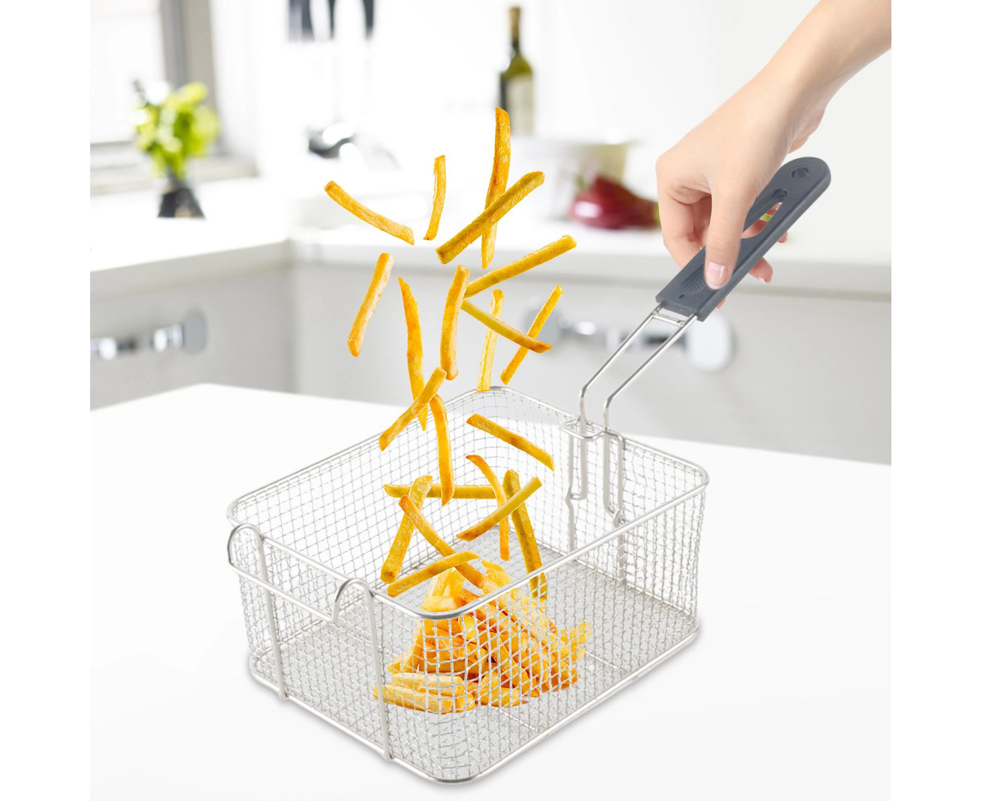 Mini Square Fry Basket, Stainless Steel French Fries Holder, Fried Food Table Serving, Serving Food Strainer Presentation for Chips, Fries, Shrimps, Wedges