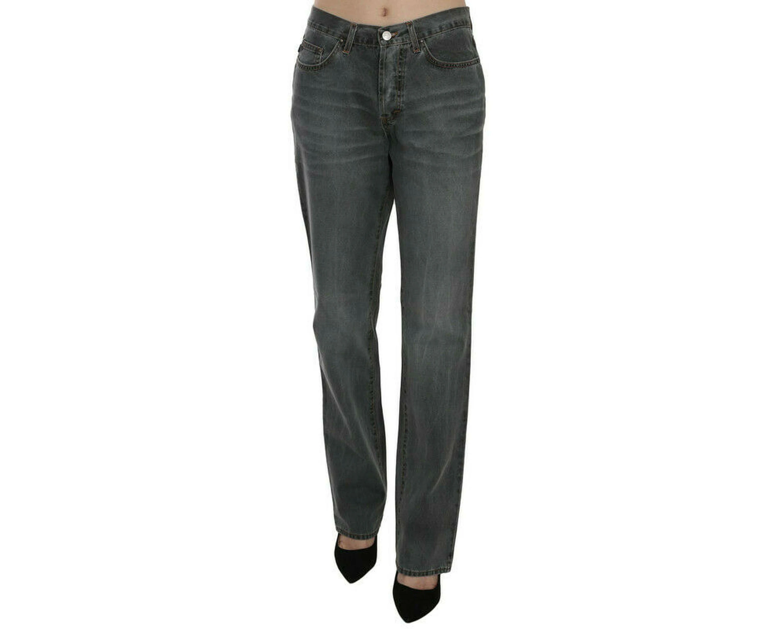 Mid Waist Straight Denim Pants with Logo Details - Gray