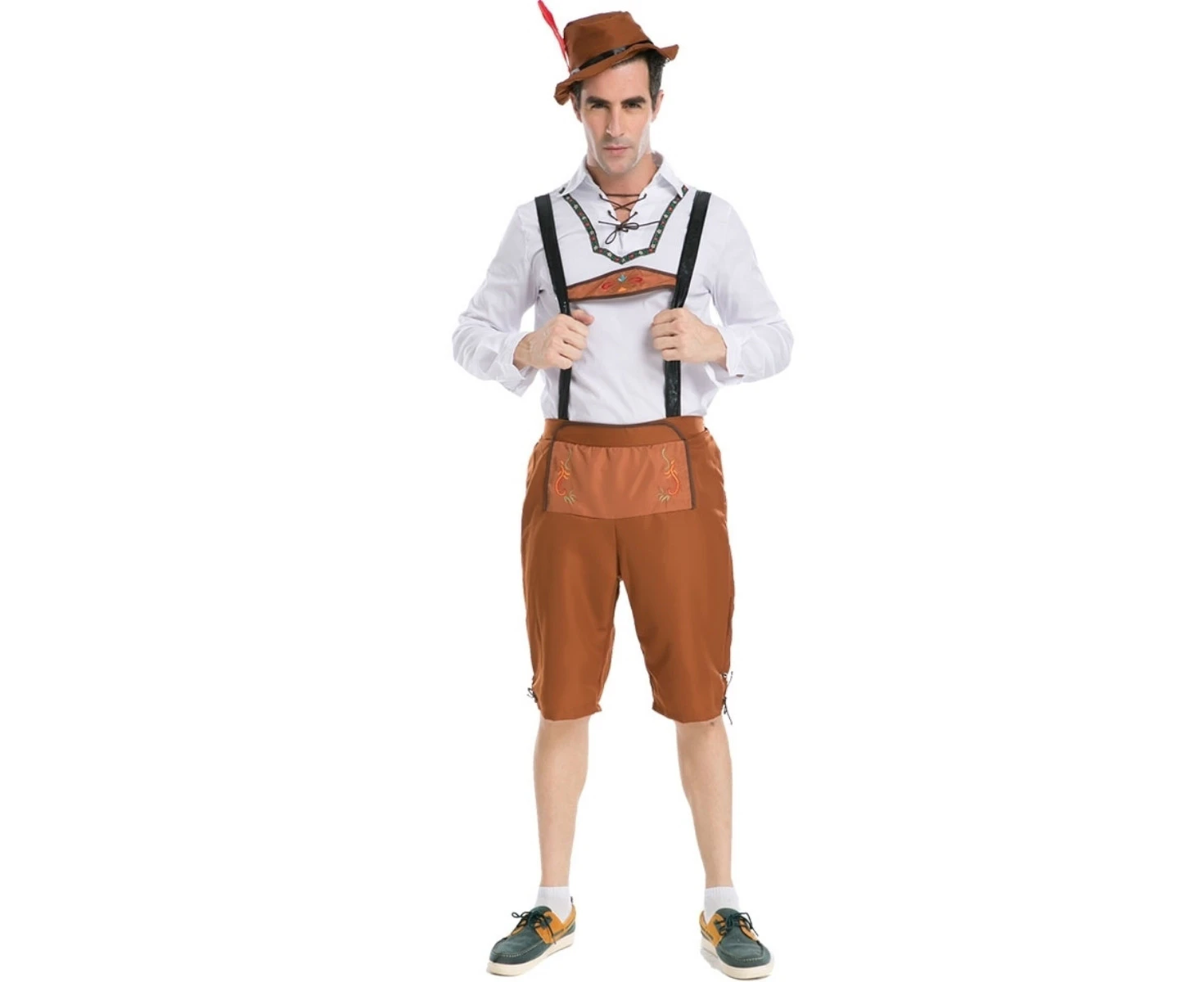 Costume Bay Mens Oktoberfest Costume White Top with Brown Lederhosen German Bavarian Beer Man Fancy Dress Outfit