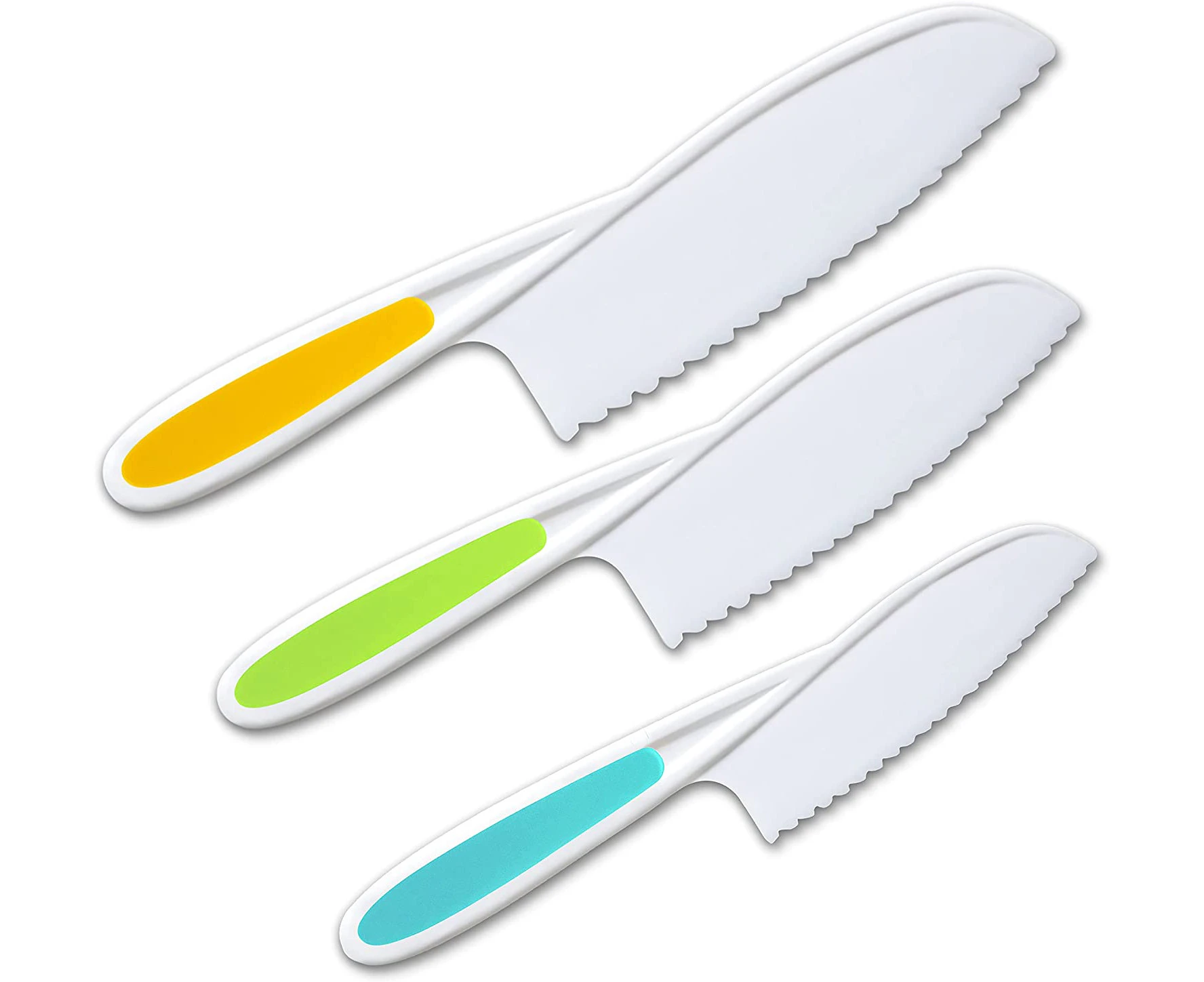 Kids Knife Set of 3 - Firm Grip, Serrated Edges & Safe – Colorful Nylon Toddler Cooking Knives to Cut Fruits, Salad