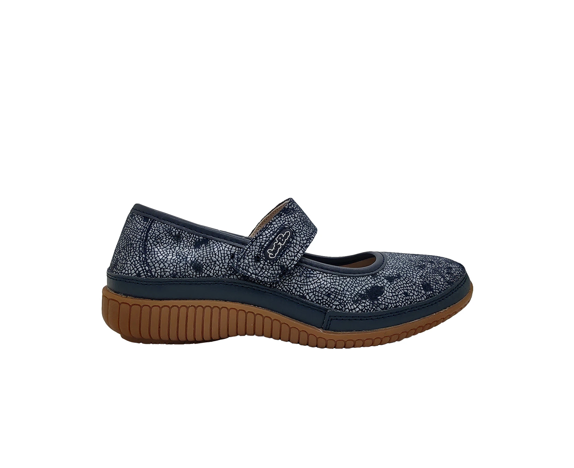 Just Bee Calisa Ladies Shoes Leather Mary Jane Flat Adjust Strap Comfortable - Navy Print