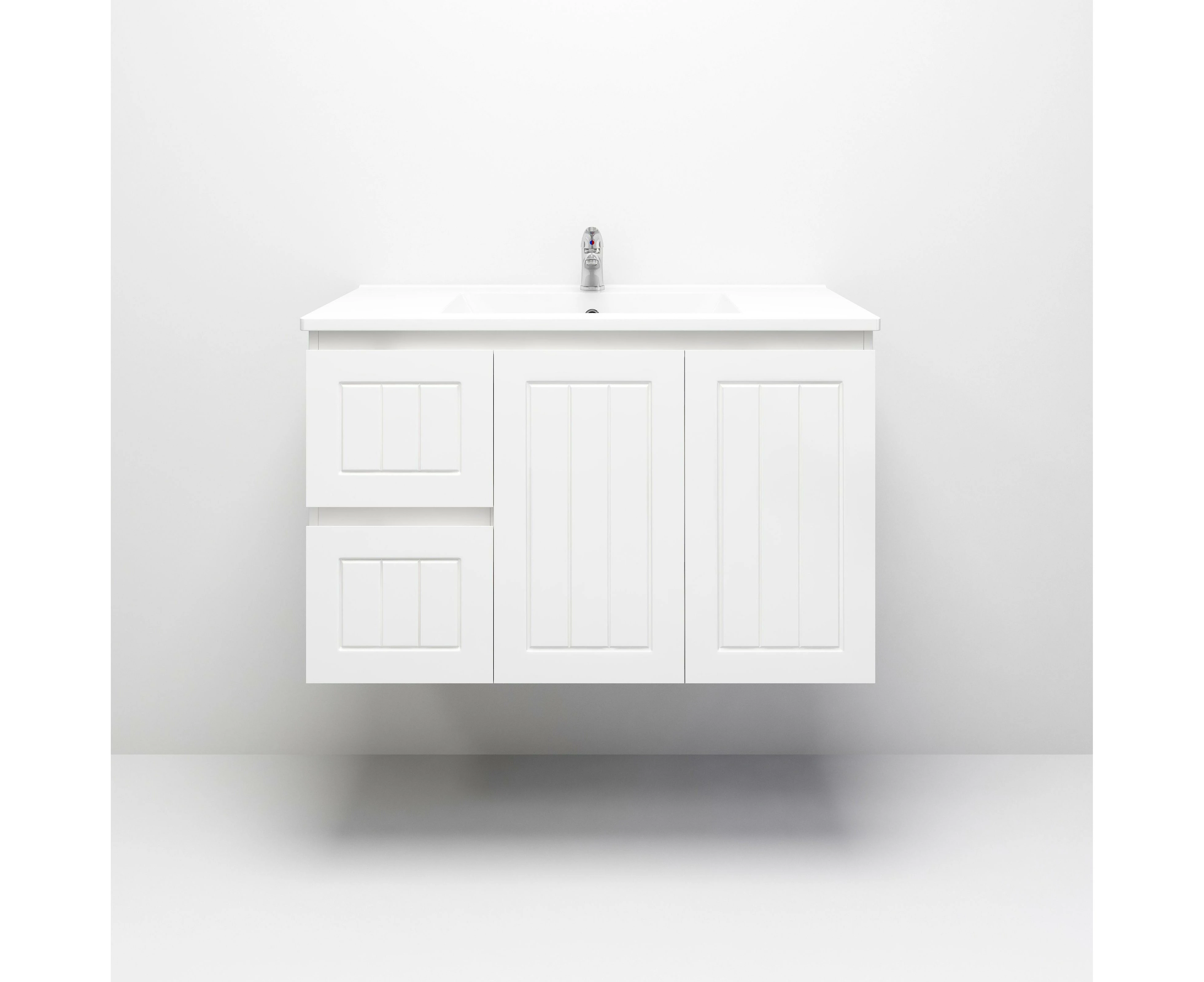 900mm Amber Matte White Bathroom Vanity Left Drawers Wall Hung Cabinet With Ceramic Top