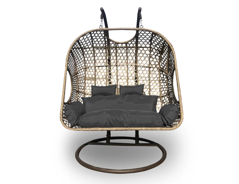 Arcadia Furniture 2 Seater Rocking Egg Chair Outdoor Wicker Rattan Patio Garden - Oatmeal and Grey