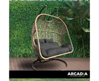 Arcadia Furniture 2 Seater Rocking Egg Chair Outdoor Wicker Rattan Patio Garden - Oatmeal and Grey