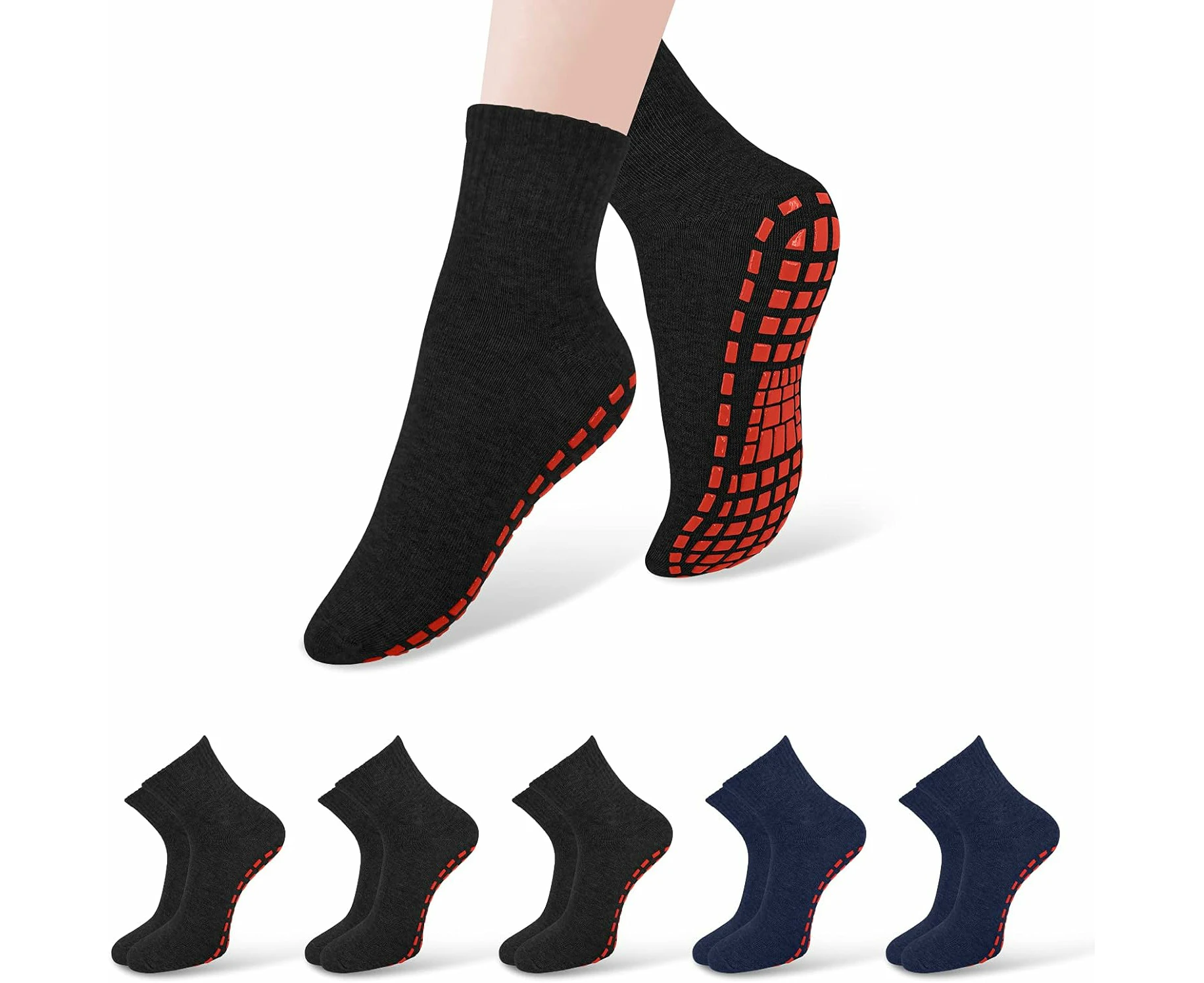 5 Pairs Non Slip Grip Socks For Women Men Yoga Pilates Hospital Slipper Socks,3Black+2Navy Blue,Large