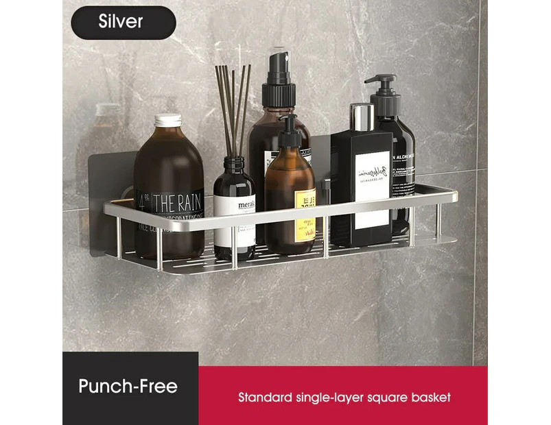 Bathroom Shelf Space Aluminum Wall-Mounted Suction Cup Triangle Basket Shower Rack Square Basket Thickened  Bathroom Accessories—Silver S1 Square