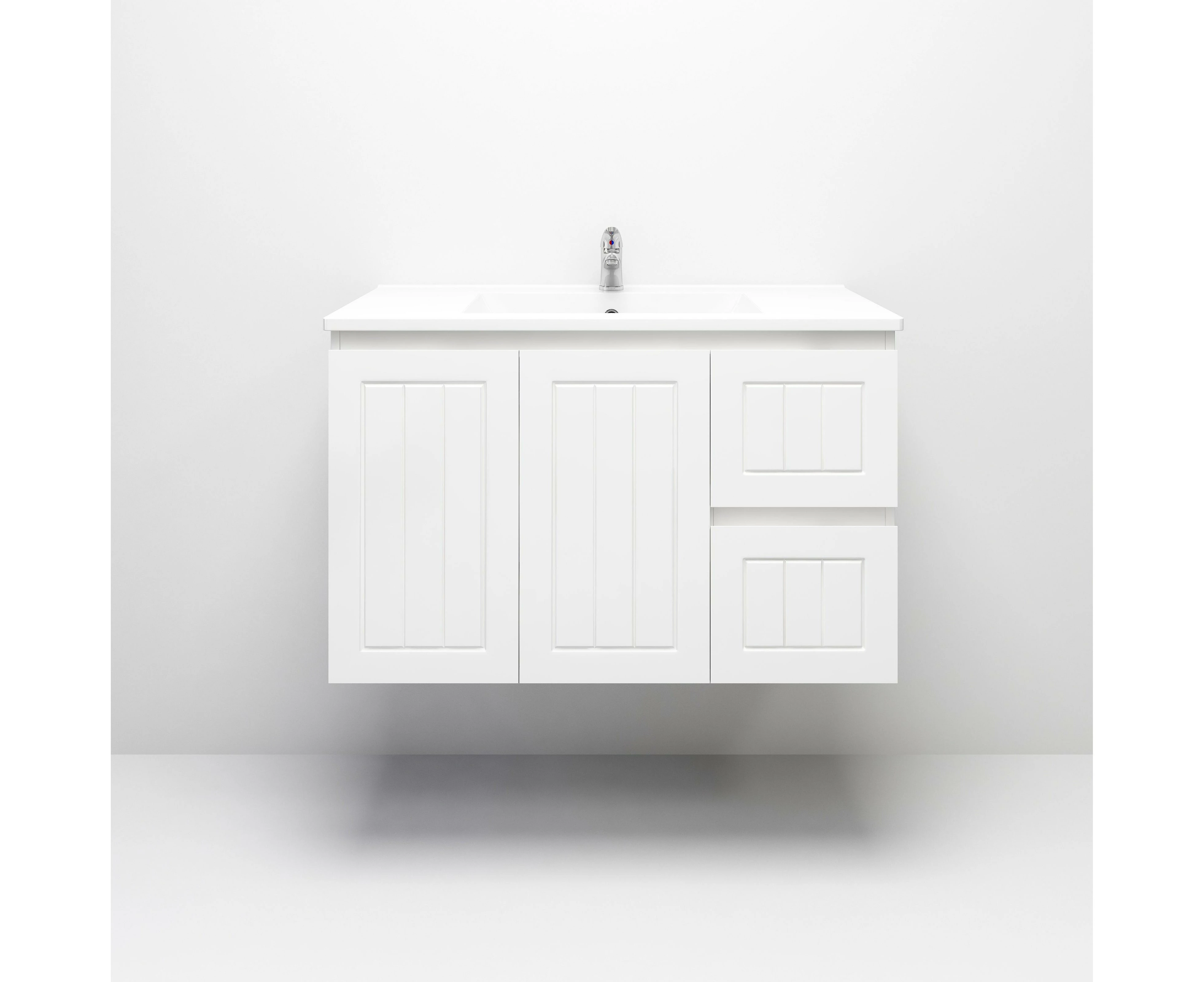 900mm Amber Matte White Bathroom Vanity Right Drawers Wall Hung Cabinet With Ceramic Top