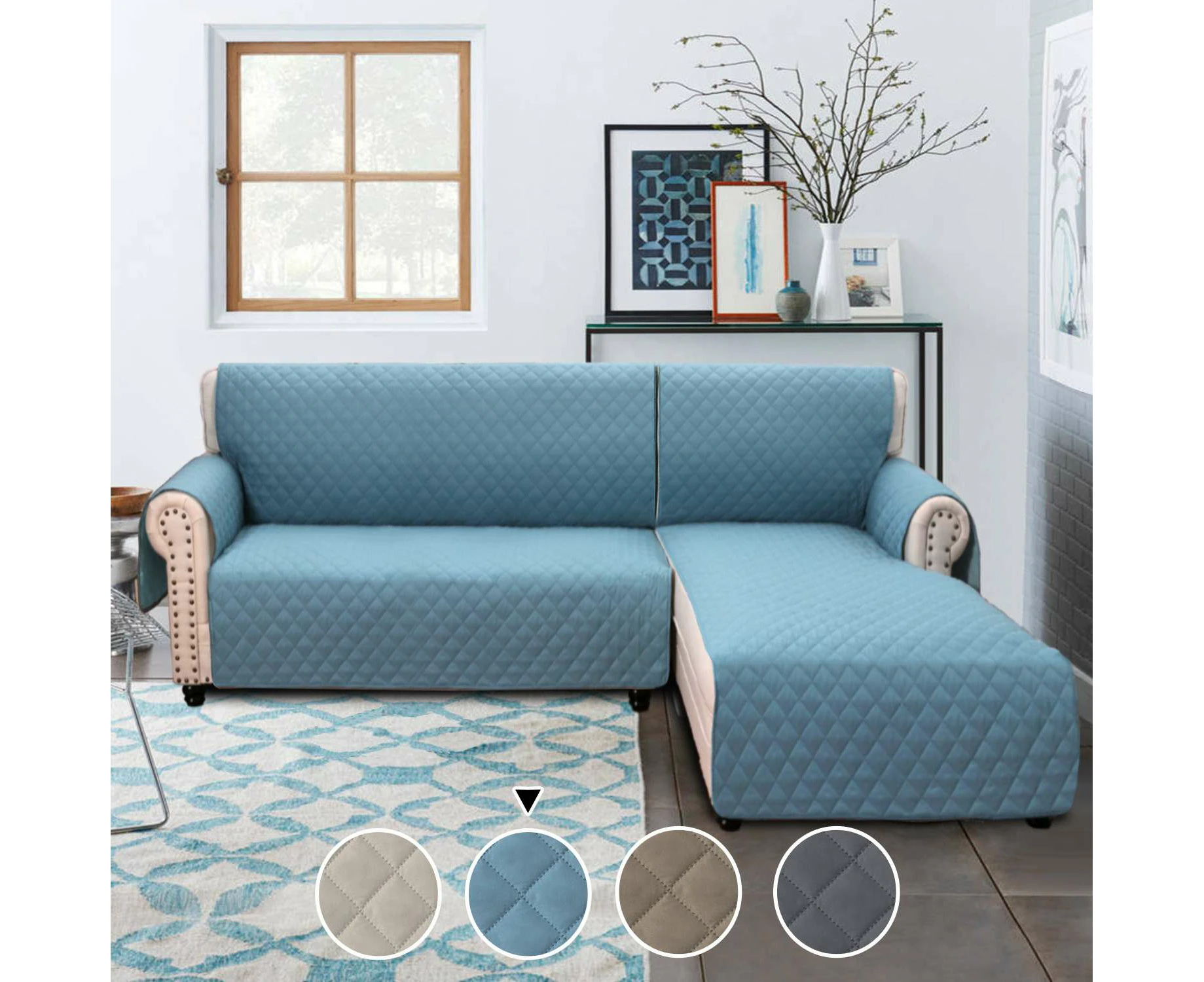 Sofa Cover L Shape Couch Cover for Sectional Sofa Chaise Lounge Sofa Cover Reversible Sofa Slipcover Non-Slip Water Resistant, Smoke Blue