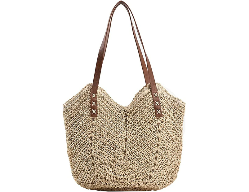 Straw Bag for Women Summer Beach Bag Soft Woven Tote Bag Large Rattan Shoulder Bag for Vacation,Beige(Inclues one free Gift as seen on photo)