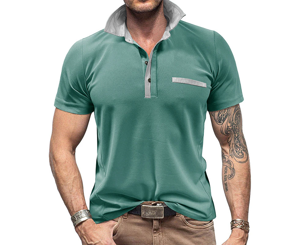 Mens Short Sleeve Henley Shirts Buttons V-neck Casual Polo Shirts for Men-Green