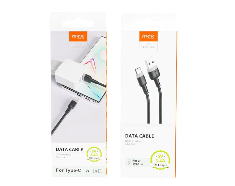 Moveteck Type-C to USB Data Cable 1m 5V 3.4a White Black TB1366 - White