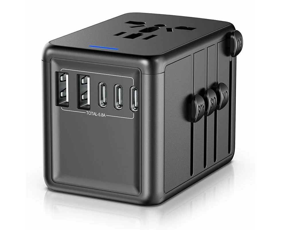 WASSUP Universal Travel Adapter Offers 5.8A 3X 3.0A USB-C Ports 2X 2.4A USB-A Ports and Multi AC Outlet Adaptor Worldwide Charger-Black